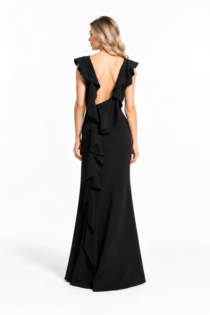 Black Ruffle Shoulder Slit Maxi Dress - Vivienne