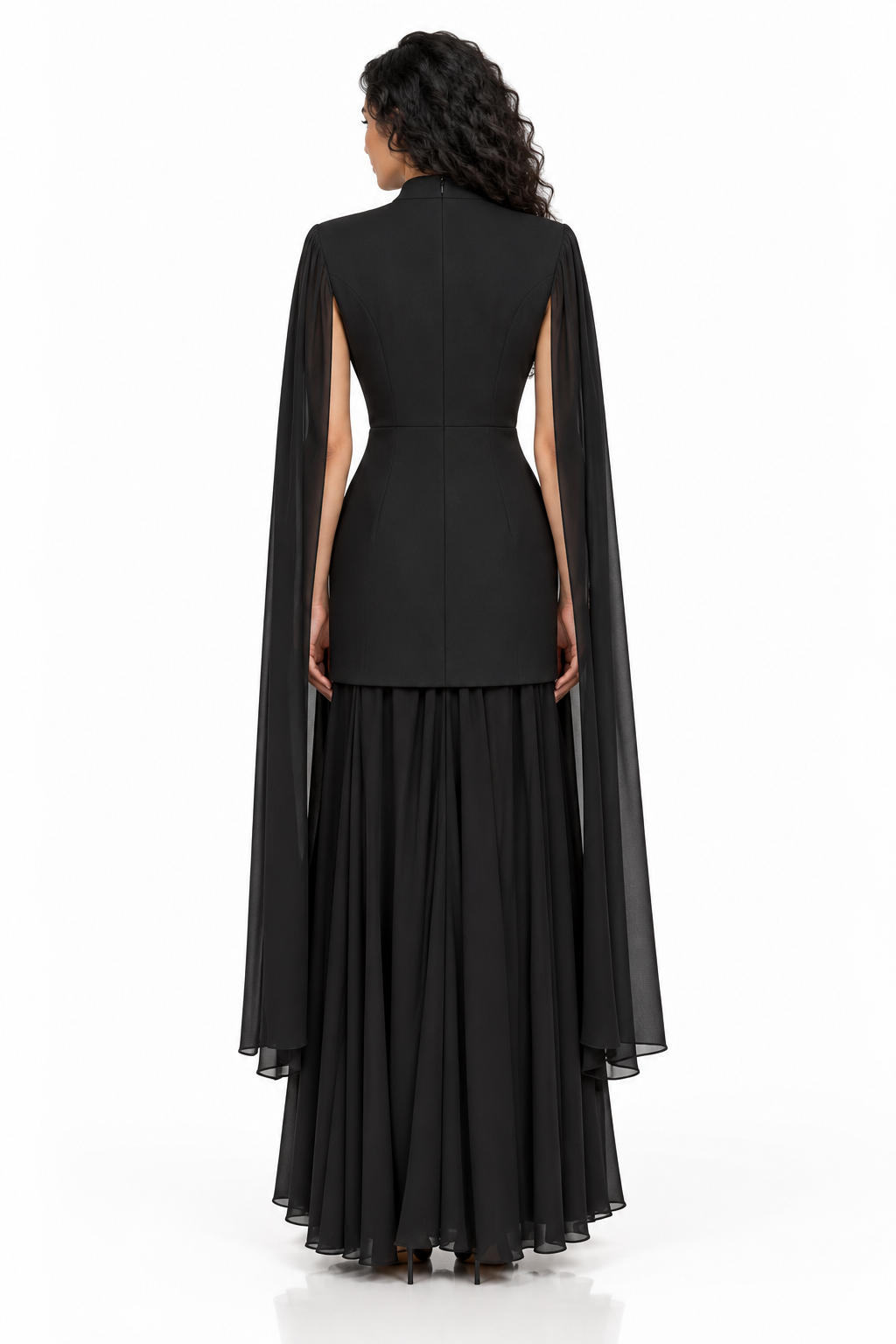 High-Neck Cape Pleated Evening Gown - Noxelle