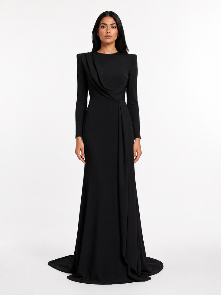 Draped Long Sleeve Maxi Gown - Pearl