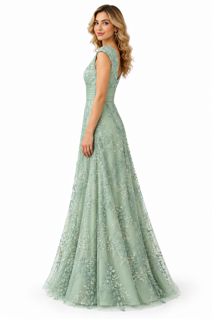 Embellished V-Neck A-Line Evening Gown - Lustre