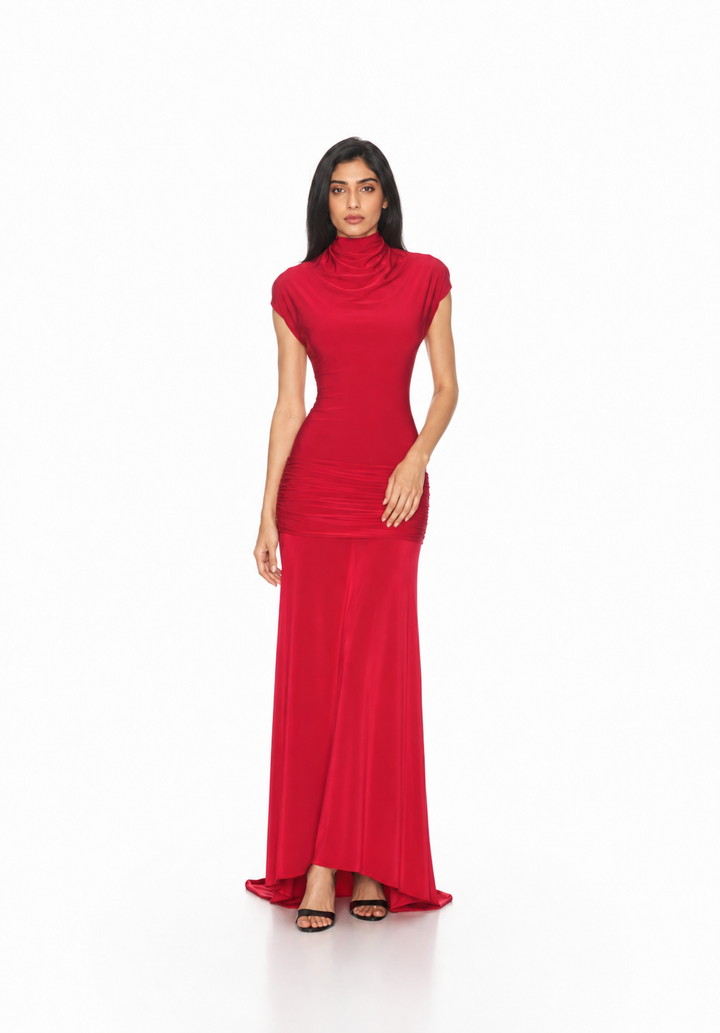 Ruched High Neck Maxi Dress – RUBELLA