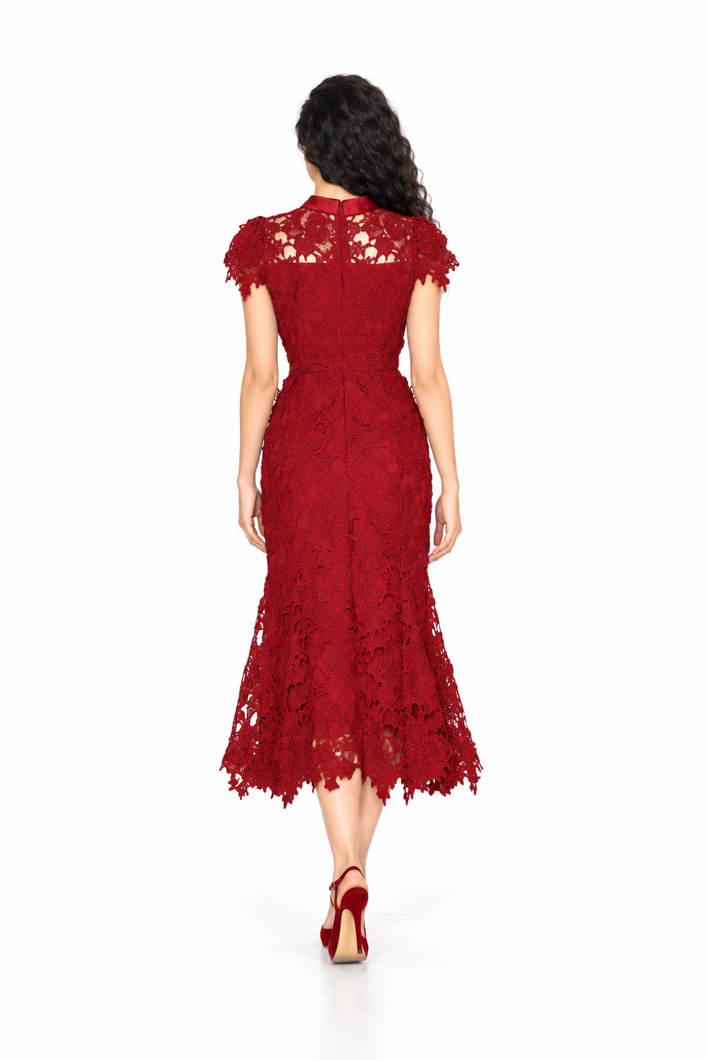 High-Neck Lace Midi Dress - Crimsonelle
