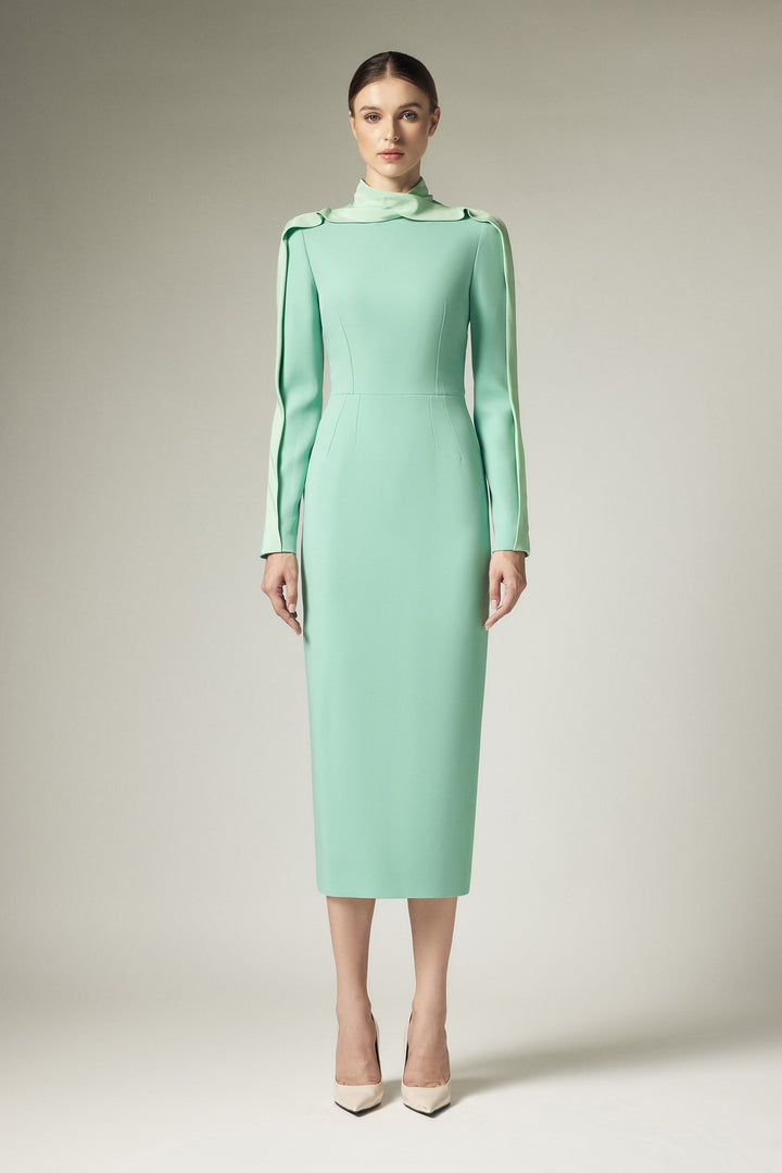 high-neck sheath dress with shoulder drape – ASLIK