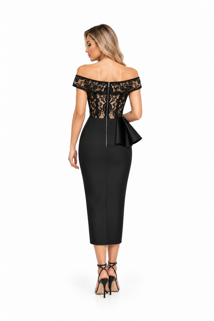 Lace Corset Peplum Midi Dress - Veloura