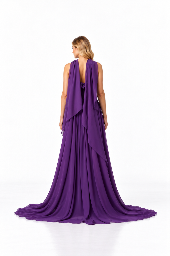 Ruffle Bodice Scarf Evening Gown - Amethystia