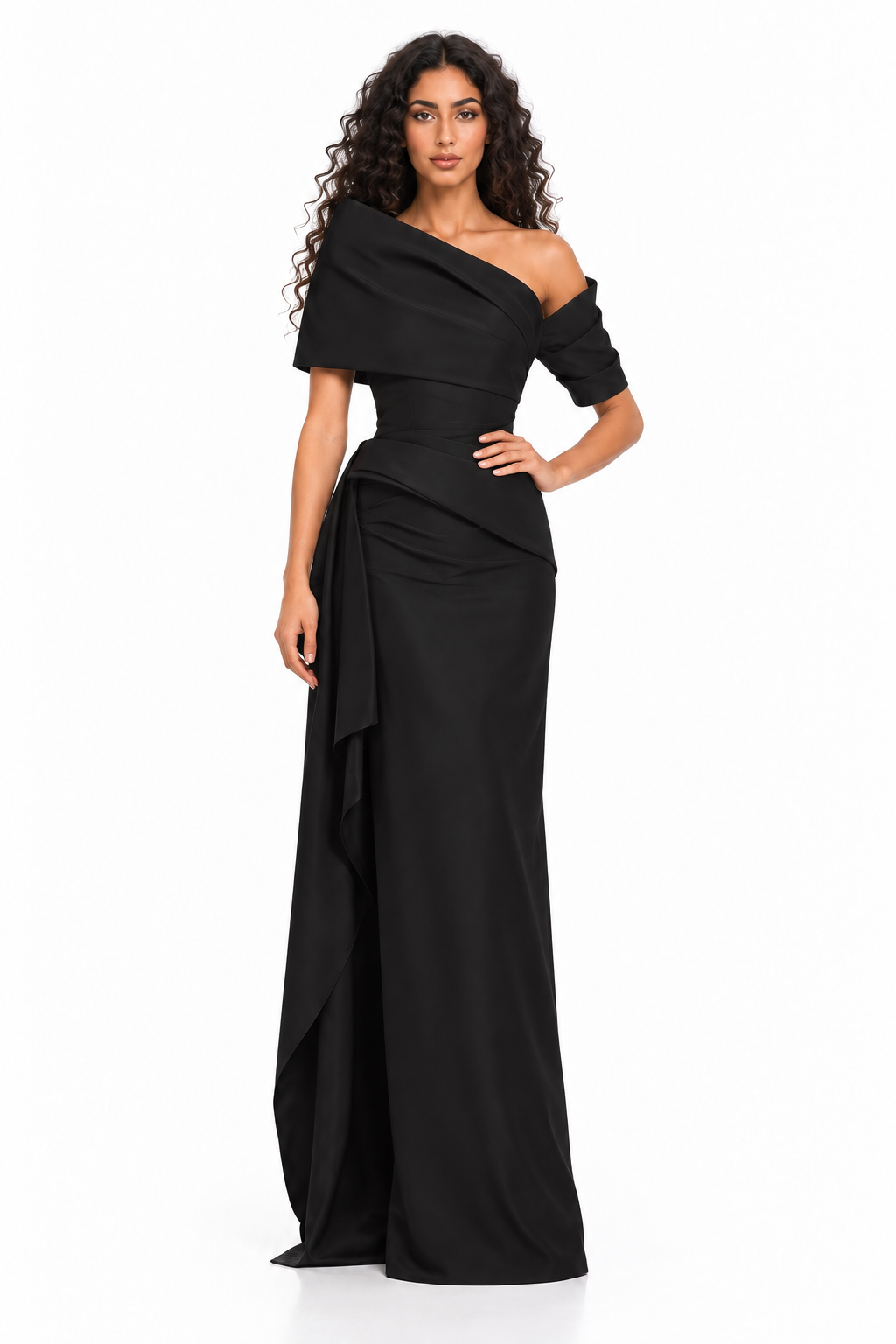 Black Asymmetrical Off-Shoulder Draped Maxi Dress - Victoria