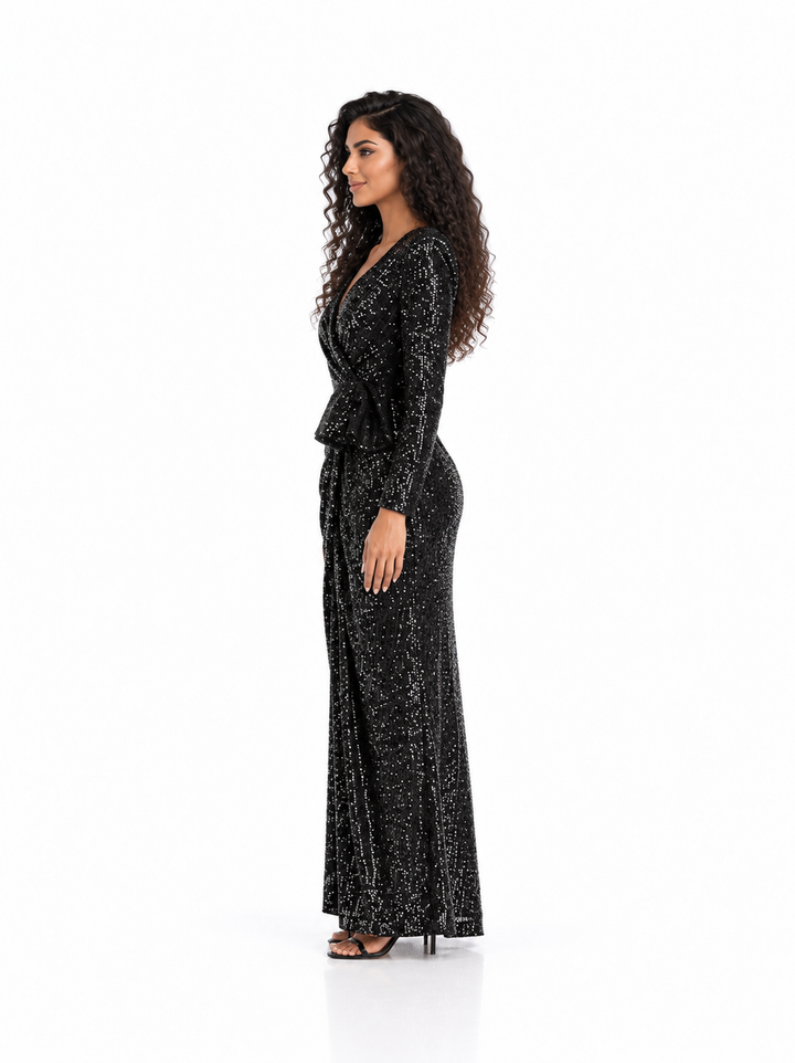 Sequin Wrap Front Slit Evening Gown - Obsidian