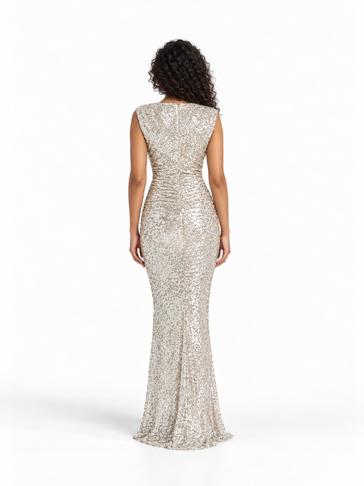 Sequin Cowl Neck Evening Gown - Argentelle