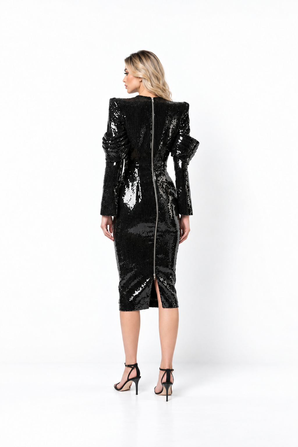 Sequin Puff Sleeve Midi Dress - Eclipse