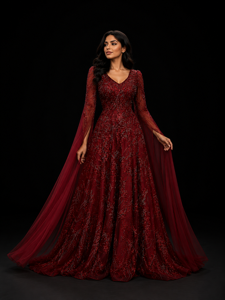 Embellished Cape Sleeve Gown – RUBINA