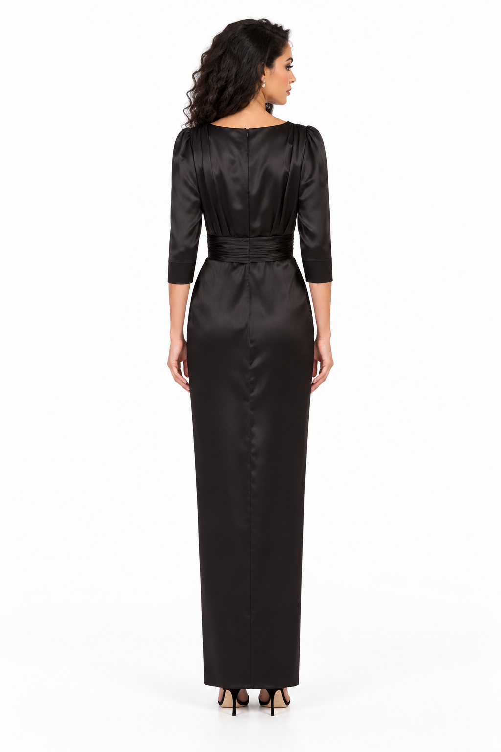 Ruched V-Neck Satin Evening Gown - Nocturne