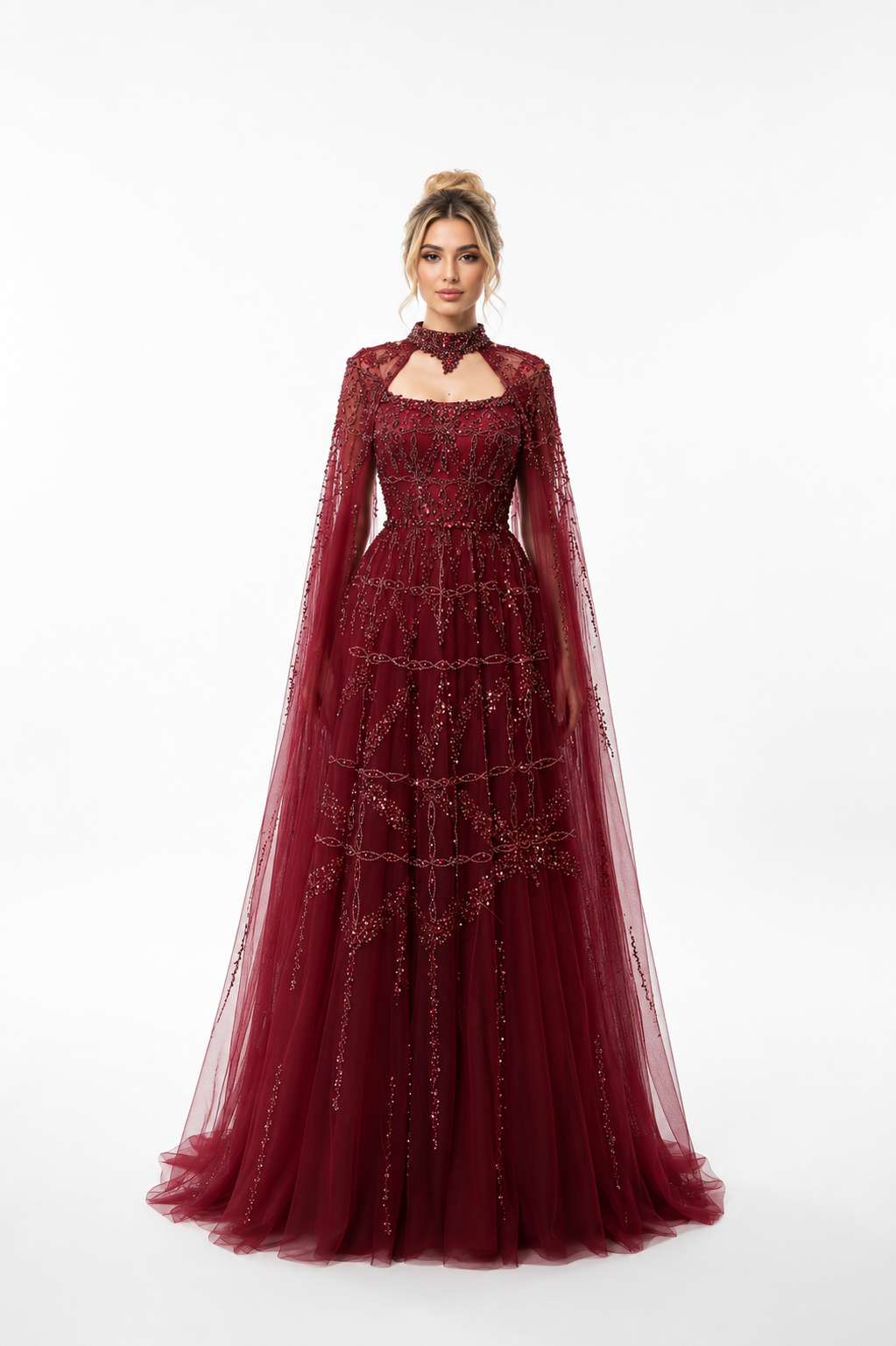 Embellished Cape Evening Gown – SCARLET