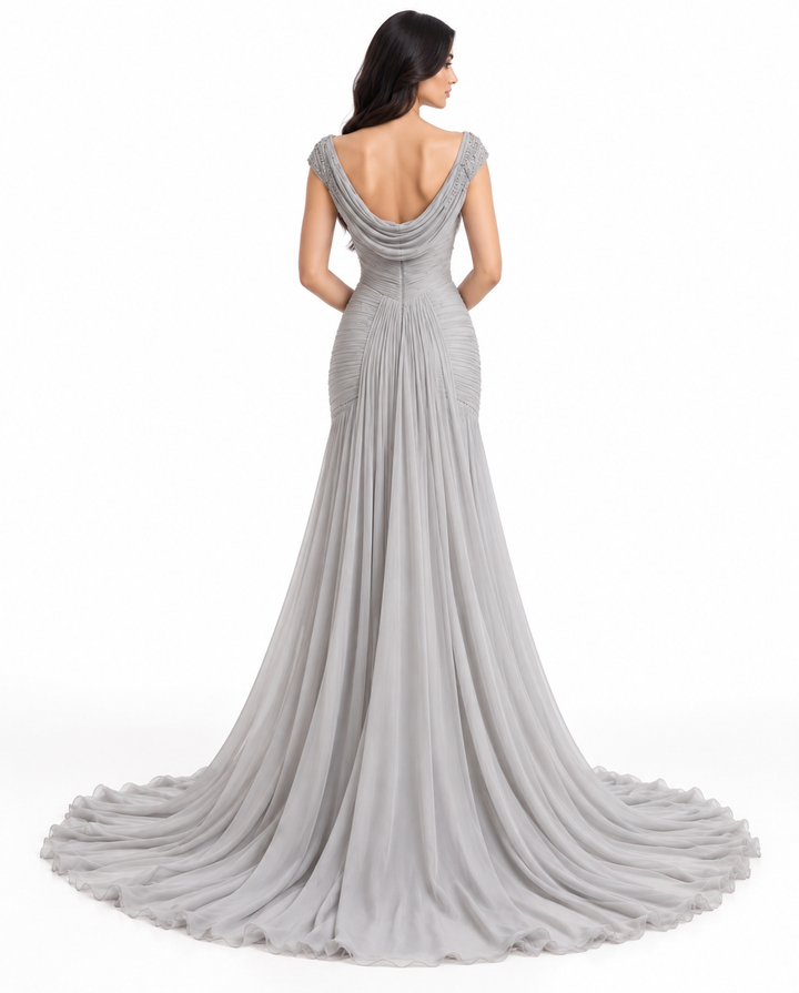 Draped Off-Shoulder Pleated Maxi Dress – Elowen
