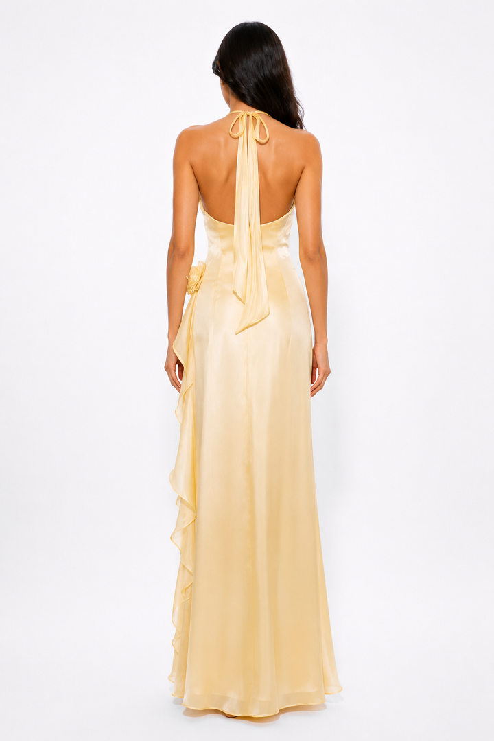 Floral Draped Satin Gown - Buttercream