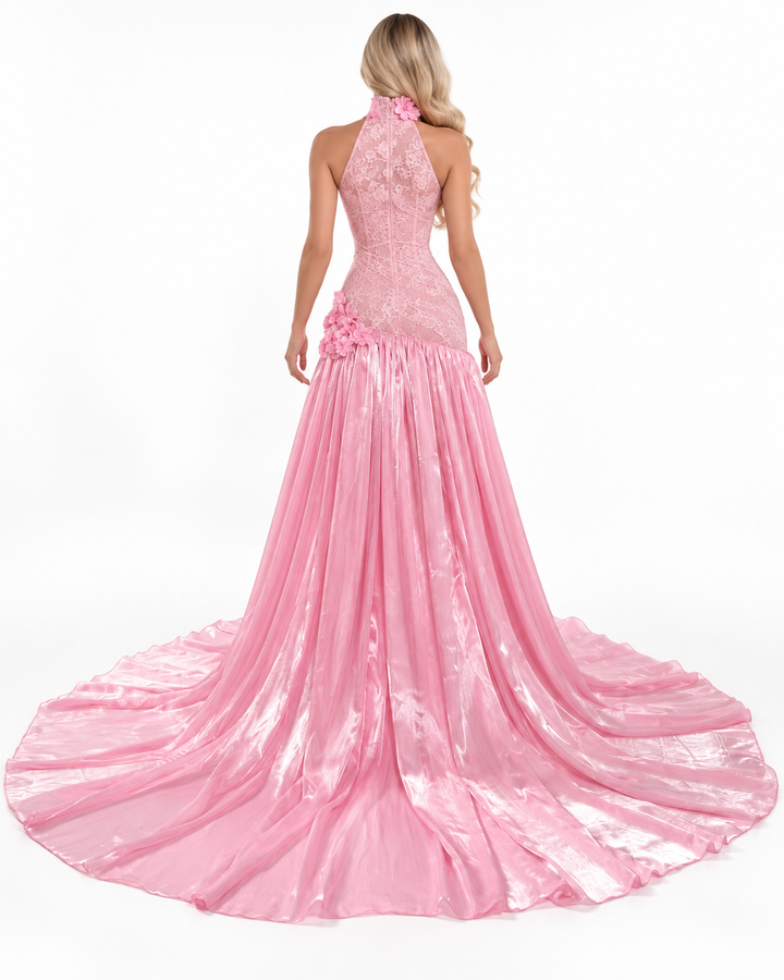 Embroidered Halter Grand Train - Pinkora