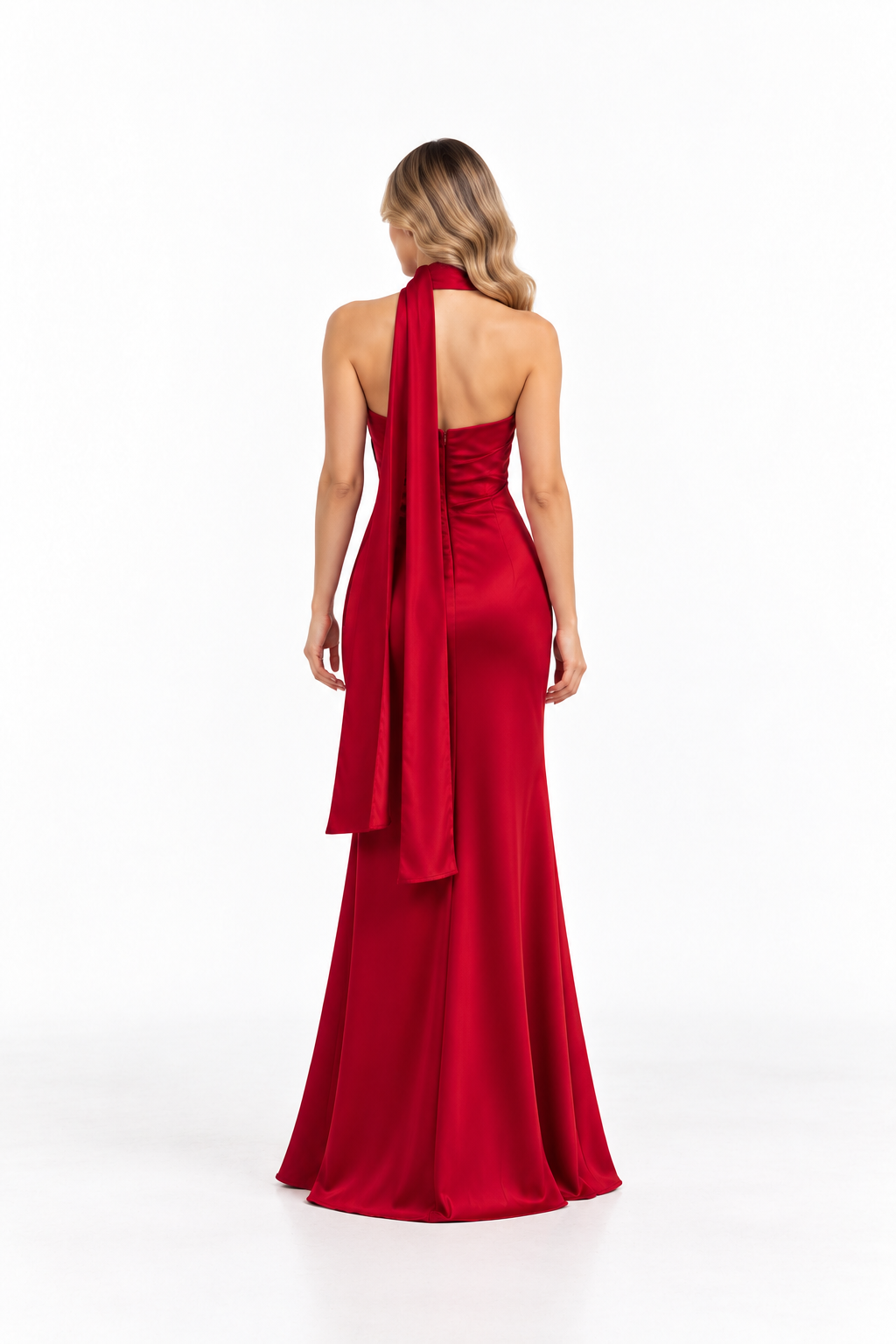 One-Shoulder Satin Gown with Draped Scarf - Valerisse