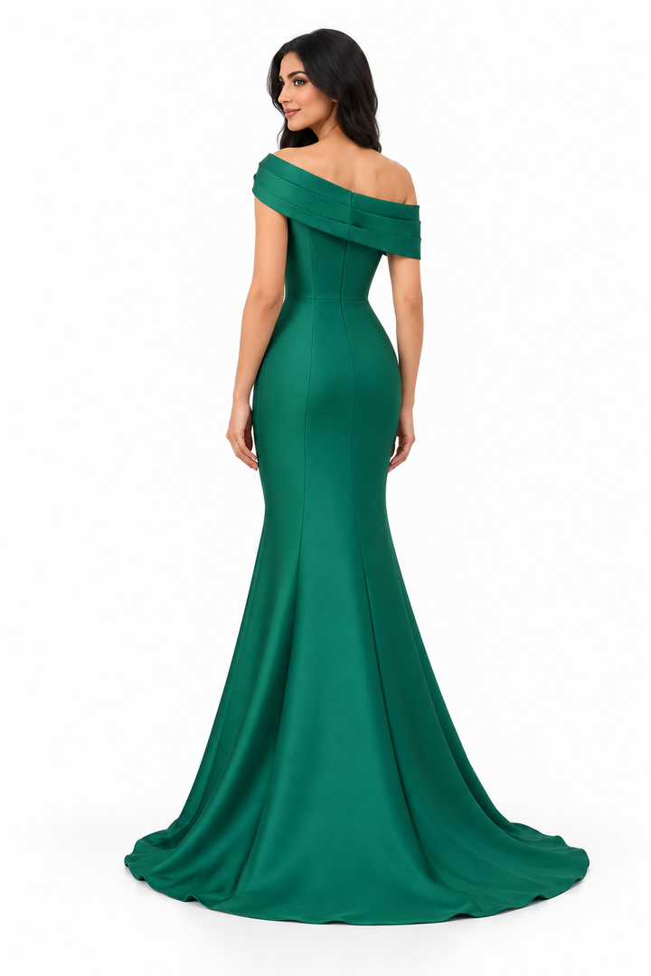 Asymmetric Off-Shoulder Pleated Panel Maxi Dress – Emerelle