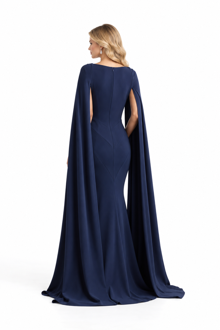 Crystal Bow Cape Mermaid Evening Gown - Navielle