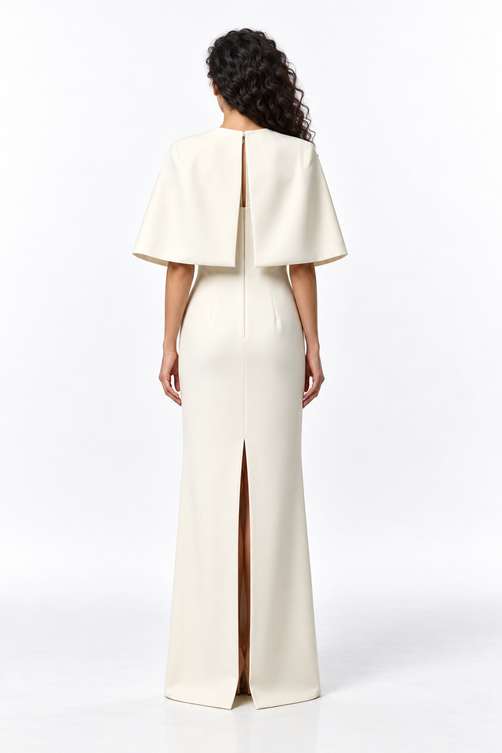 Embroidered Cape Column Evening Gown - Florenza