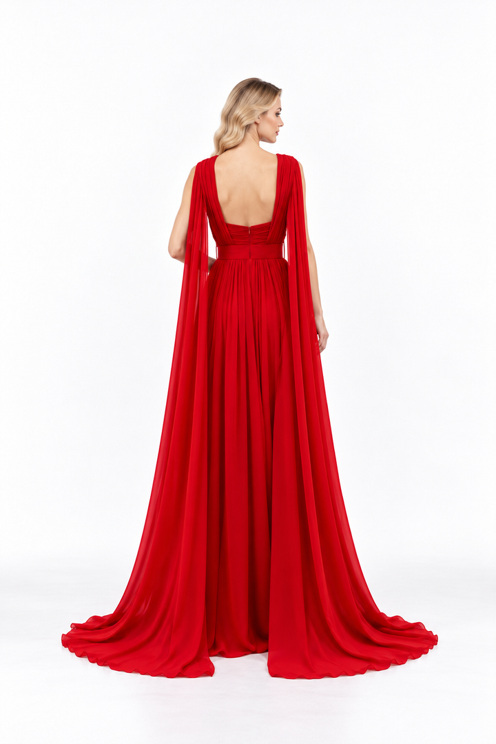 Asymmetric Draped Pleated Evening Gown - Rubienne