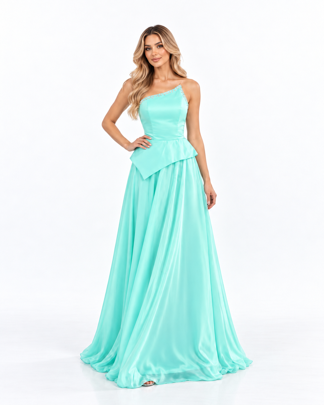 One Shoulder Draped Maxi - Aqua