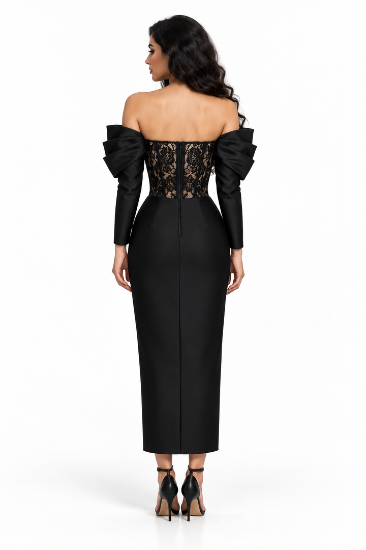 Lace Corset Ruffle Sleeve Midi Dress - Belladonna
