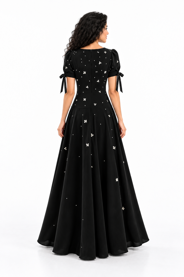 Embellished Bow Sleeve A-Line Evening Dress - Starlisse