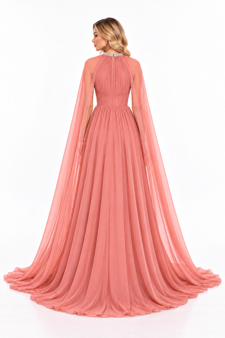 Pleated V-Neck Cape Gown - Rosewood