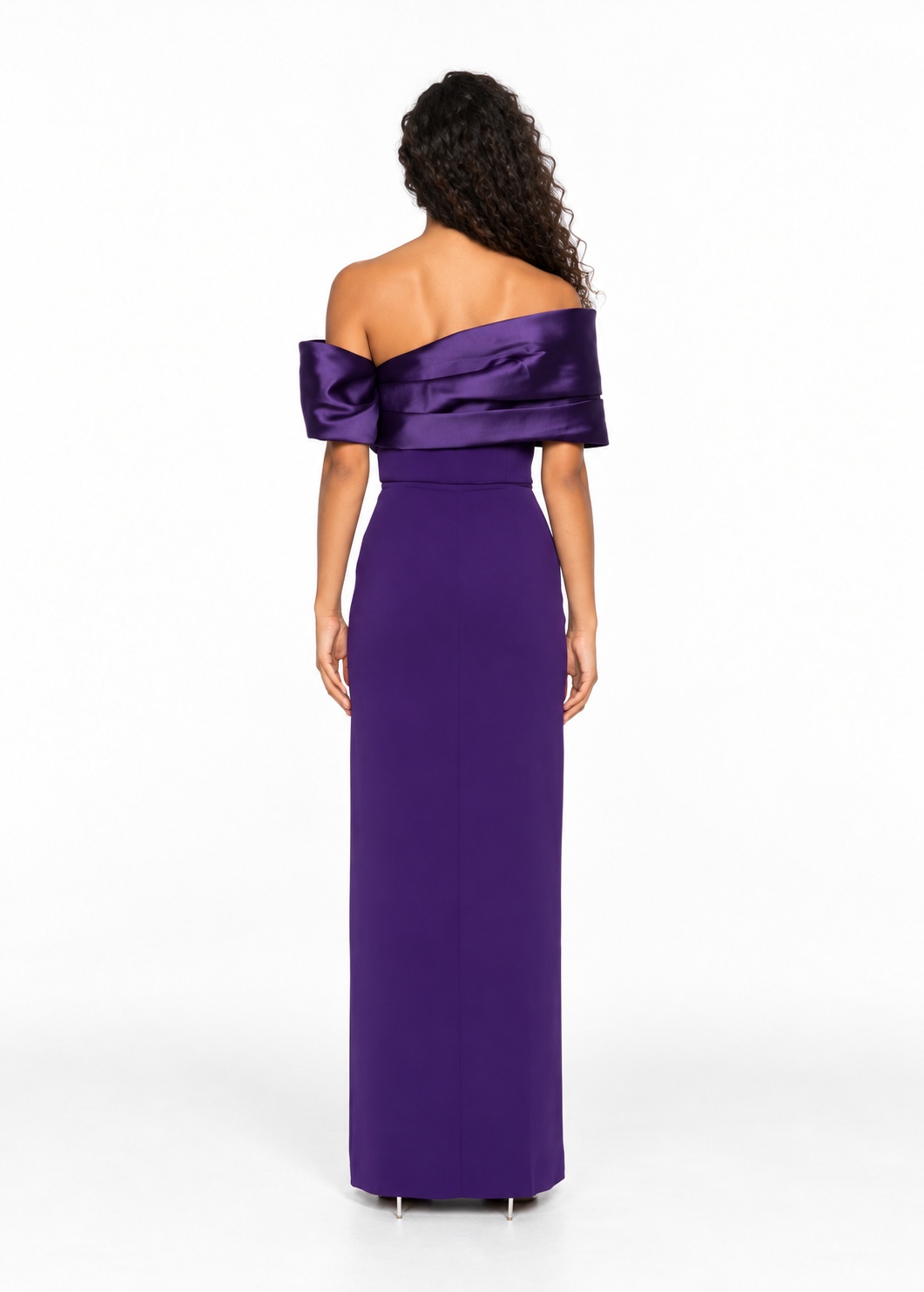 Draped Off-Shoulder Satin Evening Gown - Violettaire