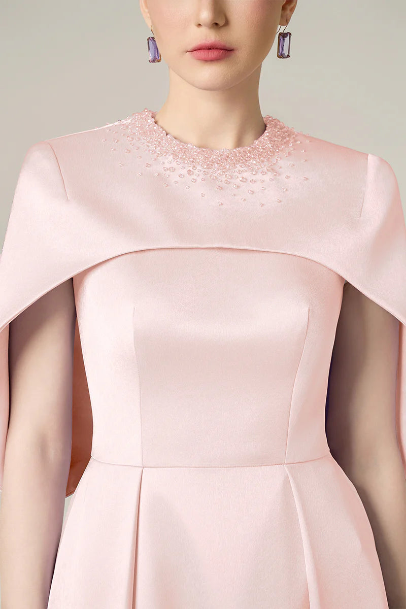 embellished cape gown in blush satin – AURELIA
