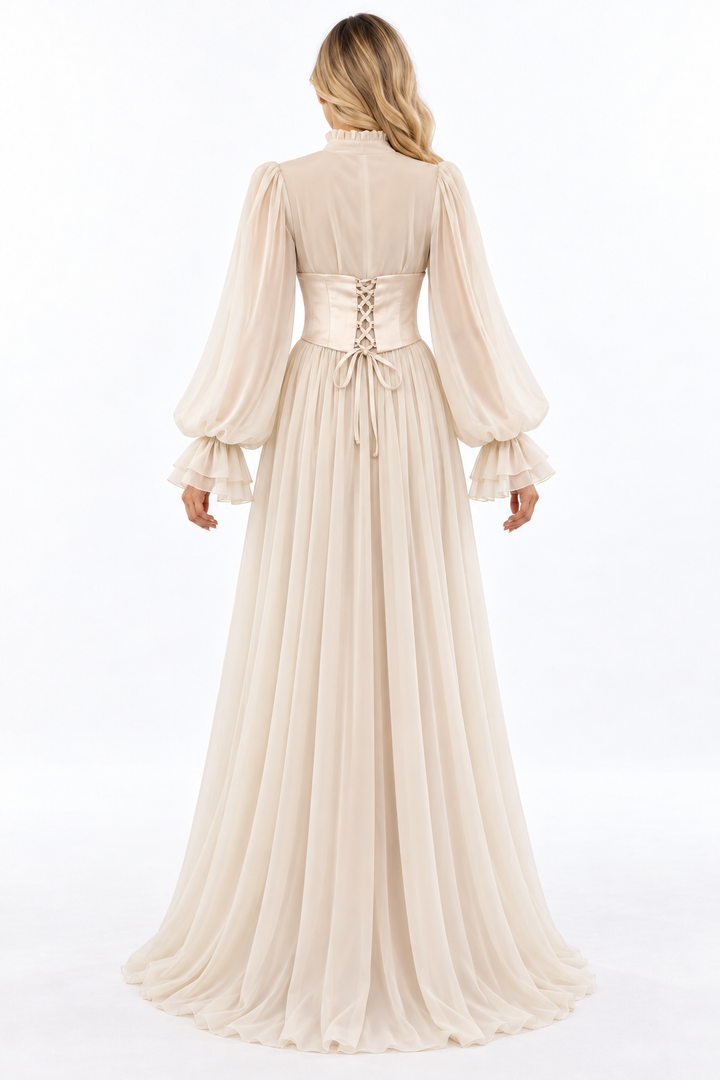 Embroidered Corset Chiffon Dress - Ecru