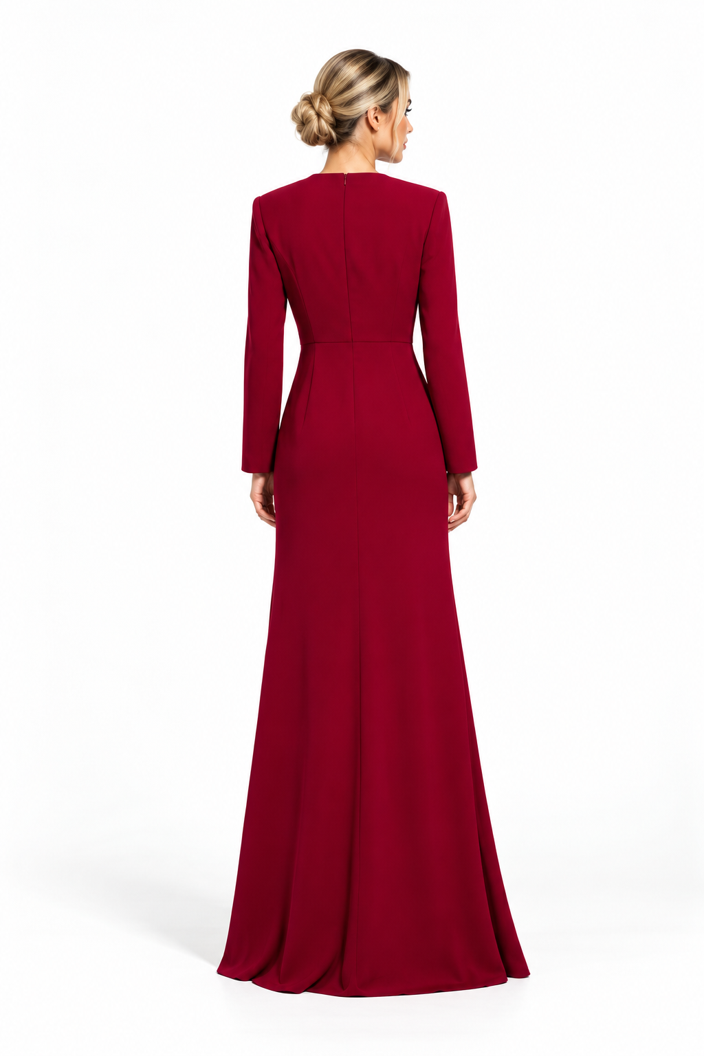 Ruched V-Neck Long Sleeve Evening Gown - Valenza