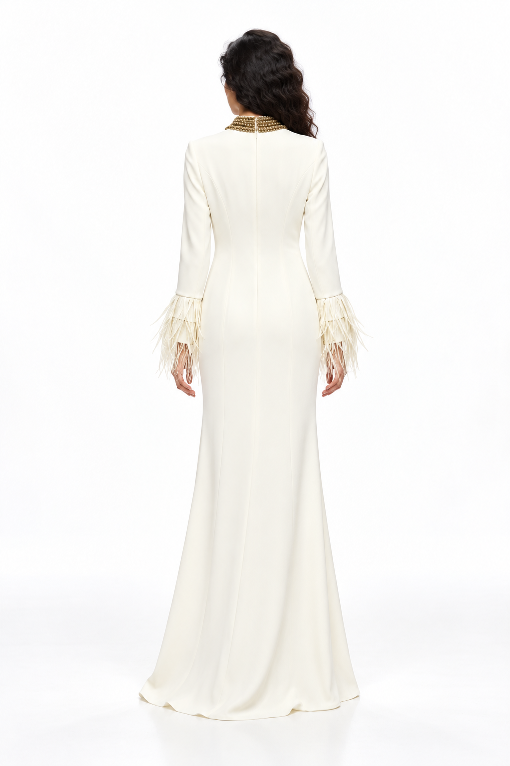 Embellished High-Neck Feather Cuff Evening Gown - Aureline