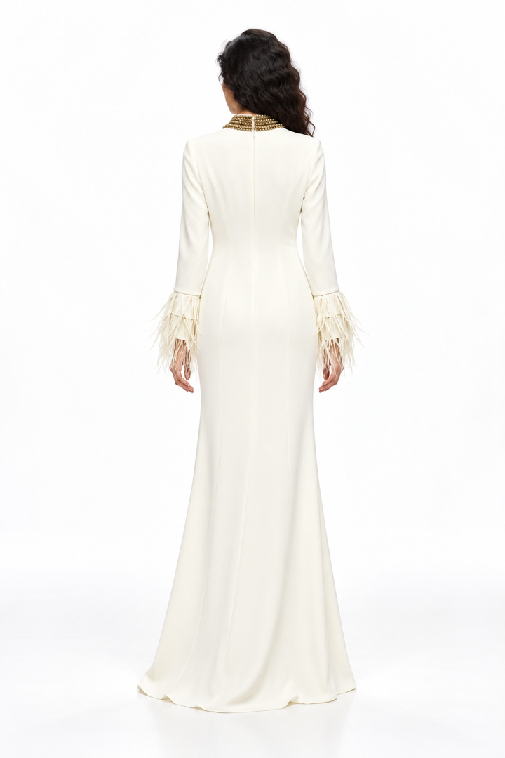 Embellished High-Neck Feather Cuff Evening Gown - Aureline