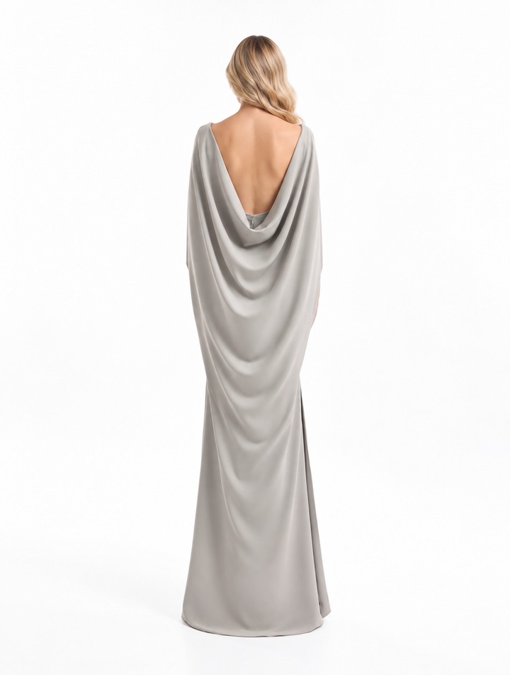Soft Grey Sculpted Cape Maxi Dress - Elodie
