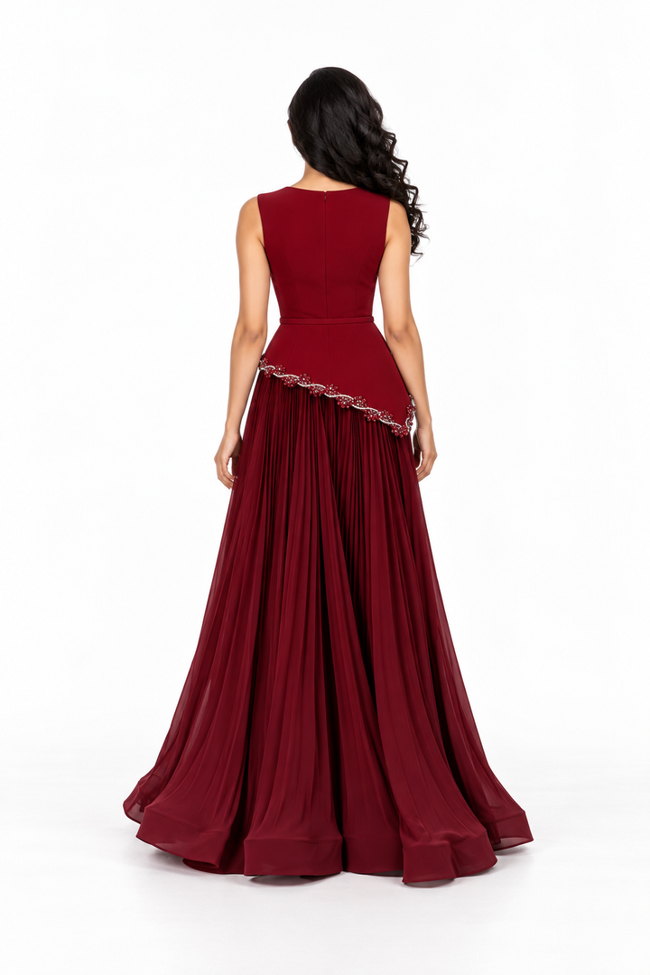Beaded Peplum Pleated Evening - Carmine
