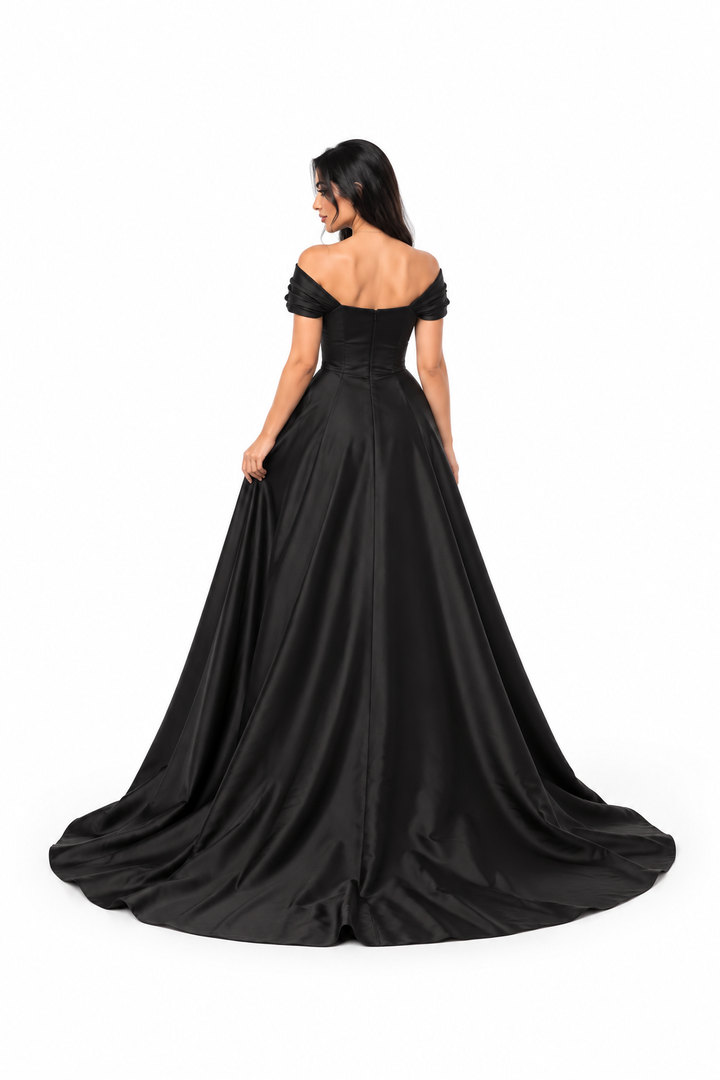 Draped Off-Shoulder Satin Evening - Obsidia