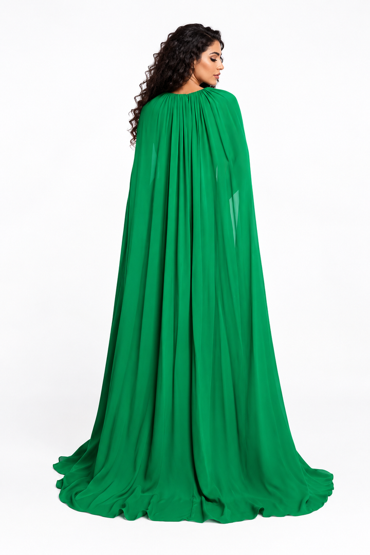 Ruched V-Neck Cape Evening Gown - Sylvara