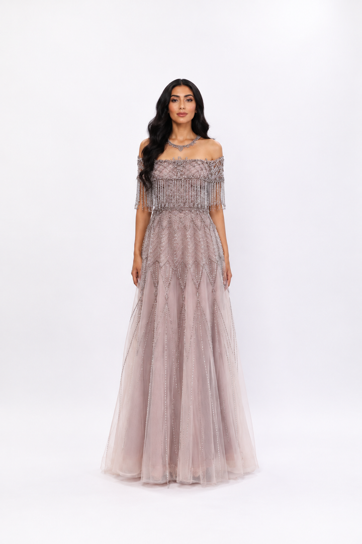 Crystal Fringe Off-Shoulder Gown – LUMERA