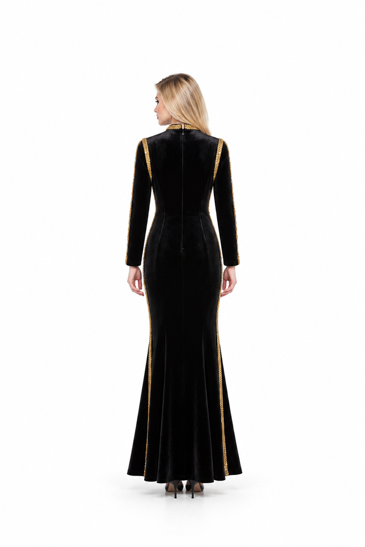 Gold Trim Velvet Long Sleeve Evening Gown - Regalia