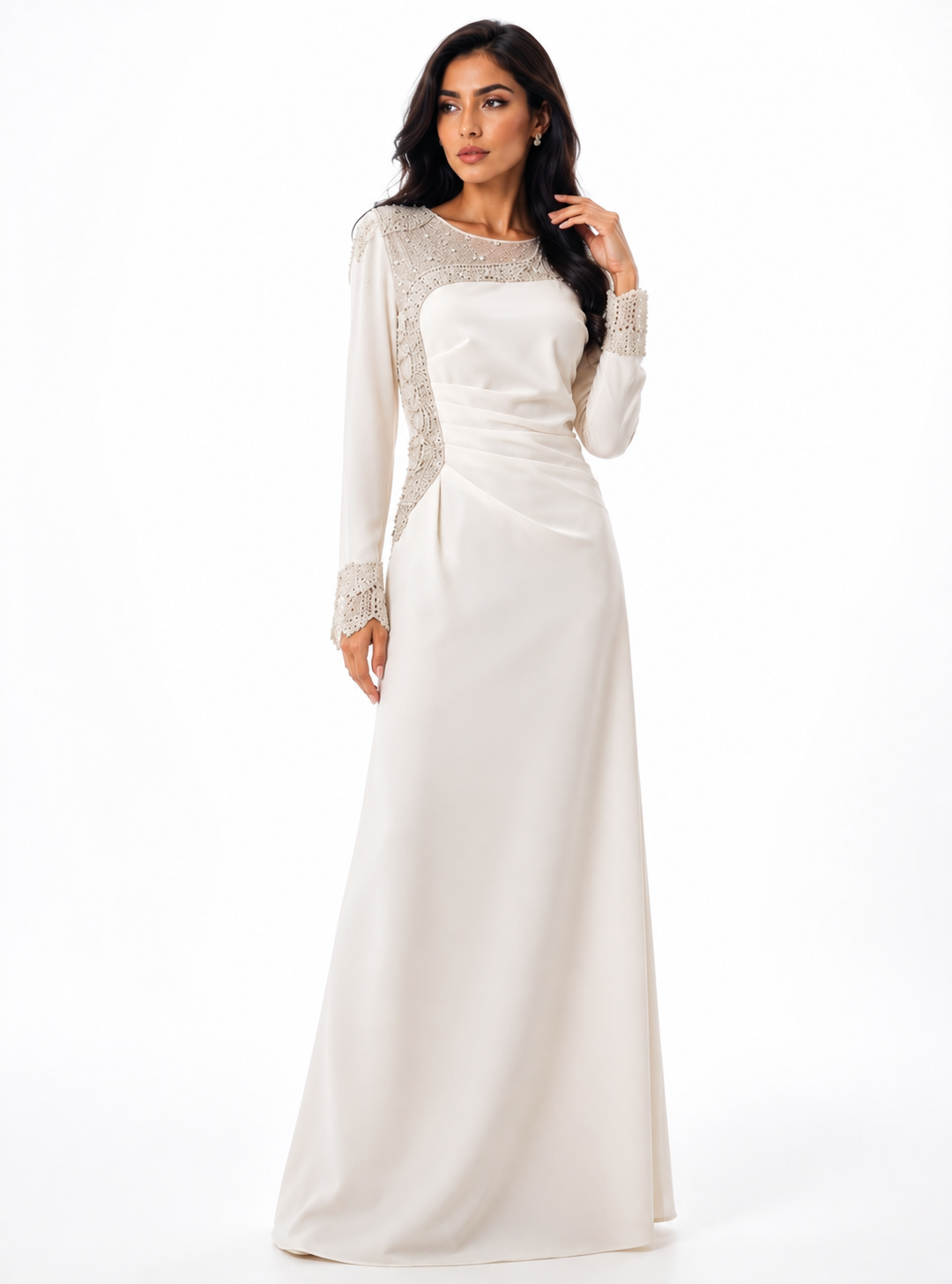 Ivory Crystal-Embellished Long Sleeve Gown – Elara