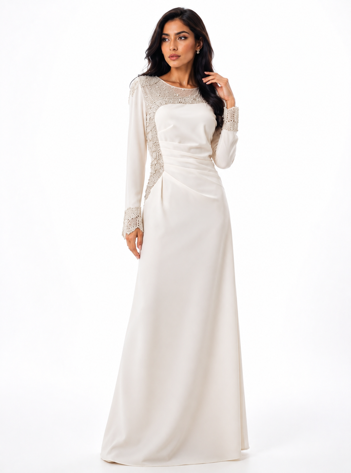 Ivory Crystal-Embellished Long Sleeve Gown – Elara