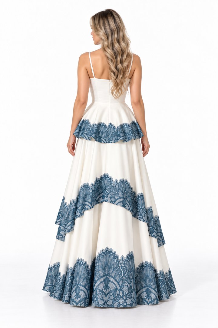 Lace Trim Peplum Maxi Dress - Porcelain
