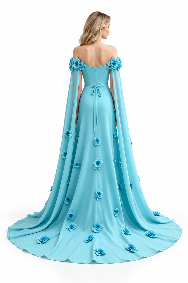 Floral Off-Shoulder Cape Evening Gown - Bellanova
