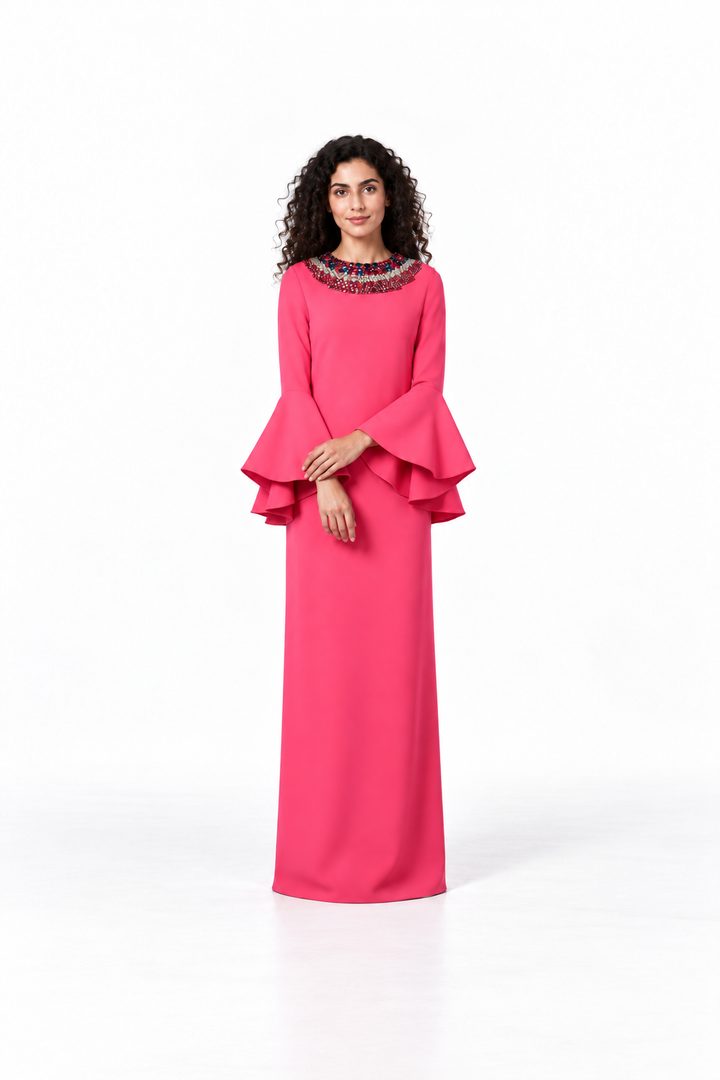 Fuchsia Crystal Neckline Bell Sleeve Maxi Dress - Ruby