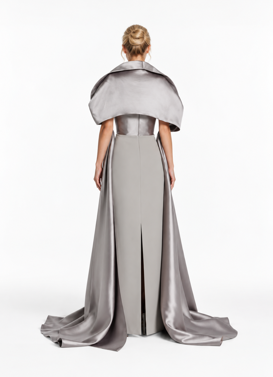 Sculptural Satin Cape Evening Gown - Silvaria