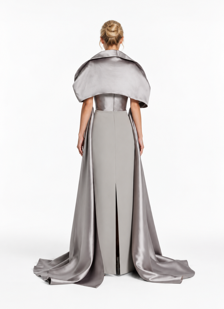 Sculptural Satin Cape Evening Gown - Silvaria