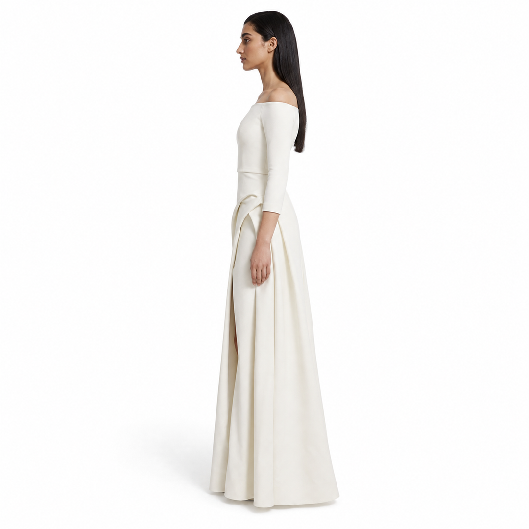 Ivory Off-Shoulder Ruffle Evening Gown – ELEGANCE