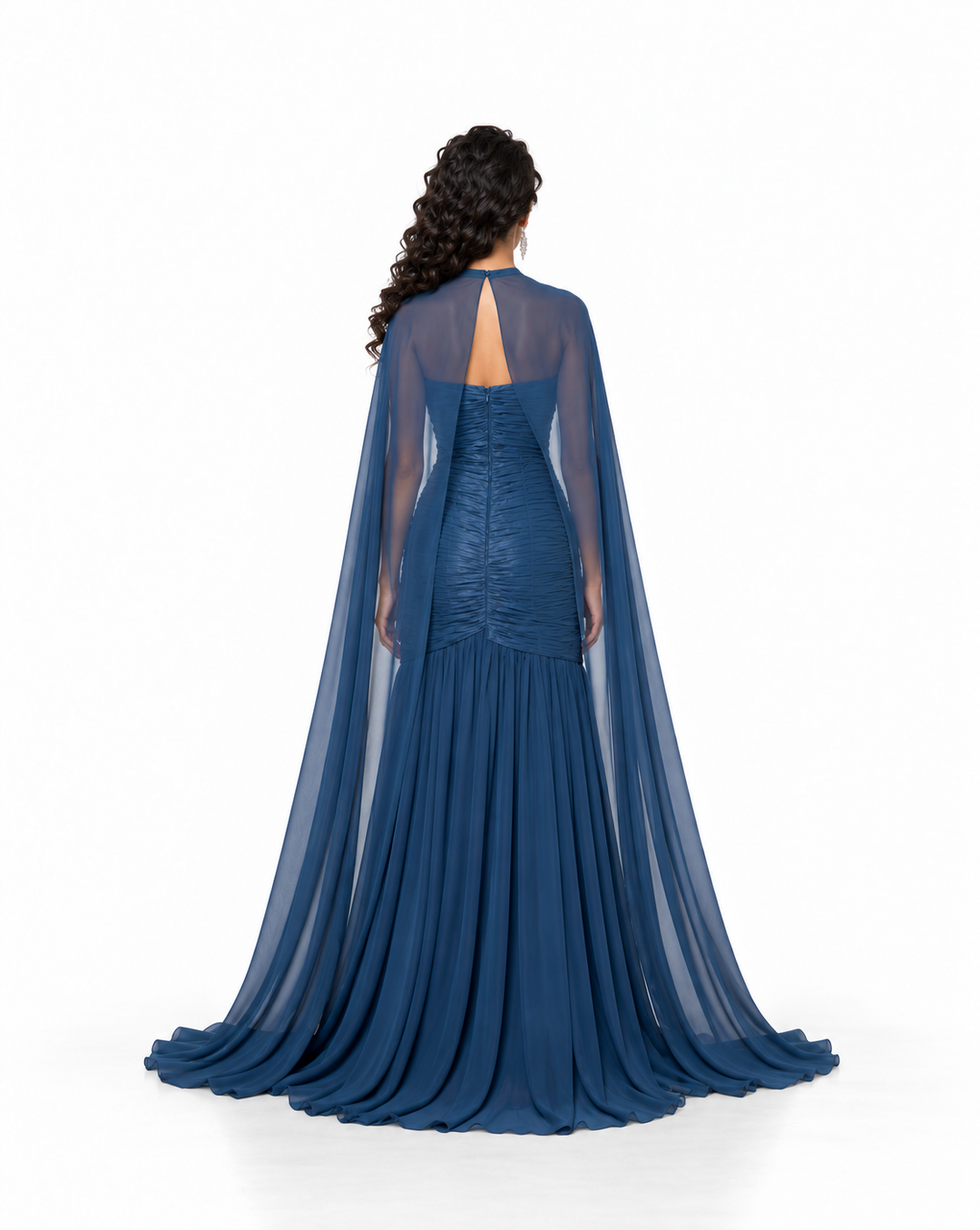 Ruched Cape Gown with Sculpted Bodice - Virelune