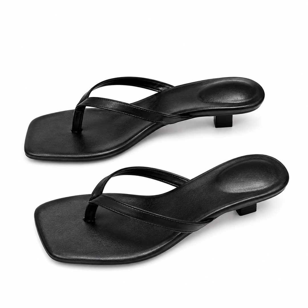 Sleek Square-Toe Kitten Heel Sandals - Mocha
